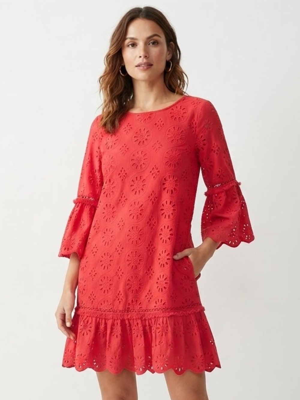 Anthropologie Red Eyelet Swiss Dot Bell Sleeve Mini Dress Size 2